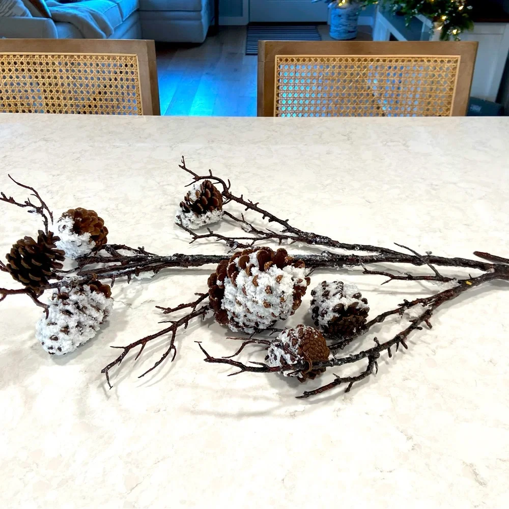 Set/5 Snowy Pinecone Branch Christmas Winter Floral Stem